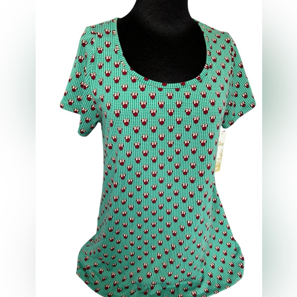 LuLaRoe Disney Classic T Top SZ M Green 3D Dot Red Minnie Bow NWT 10-12